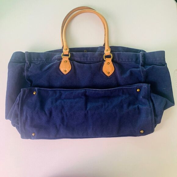 J Crew Blue Canvas Brown Leather Trim Large Shoulder Bag Carryall Tote Bag Beach - Picture 3 of 8